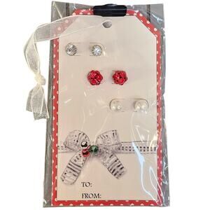 Christmas Stud Earrings Set Crystal Rhinestone Pearl Red Ball Holiday Gift Tag